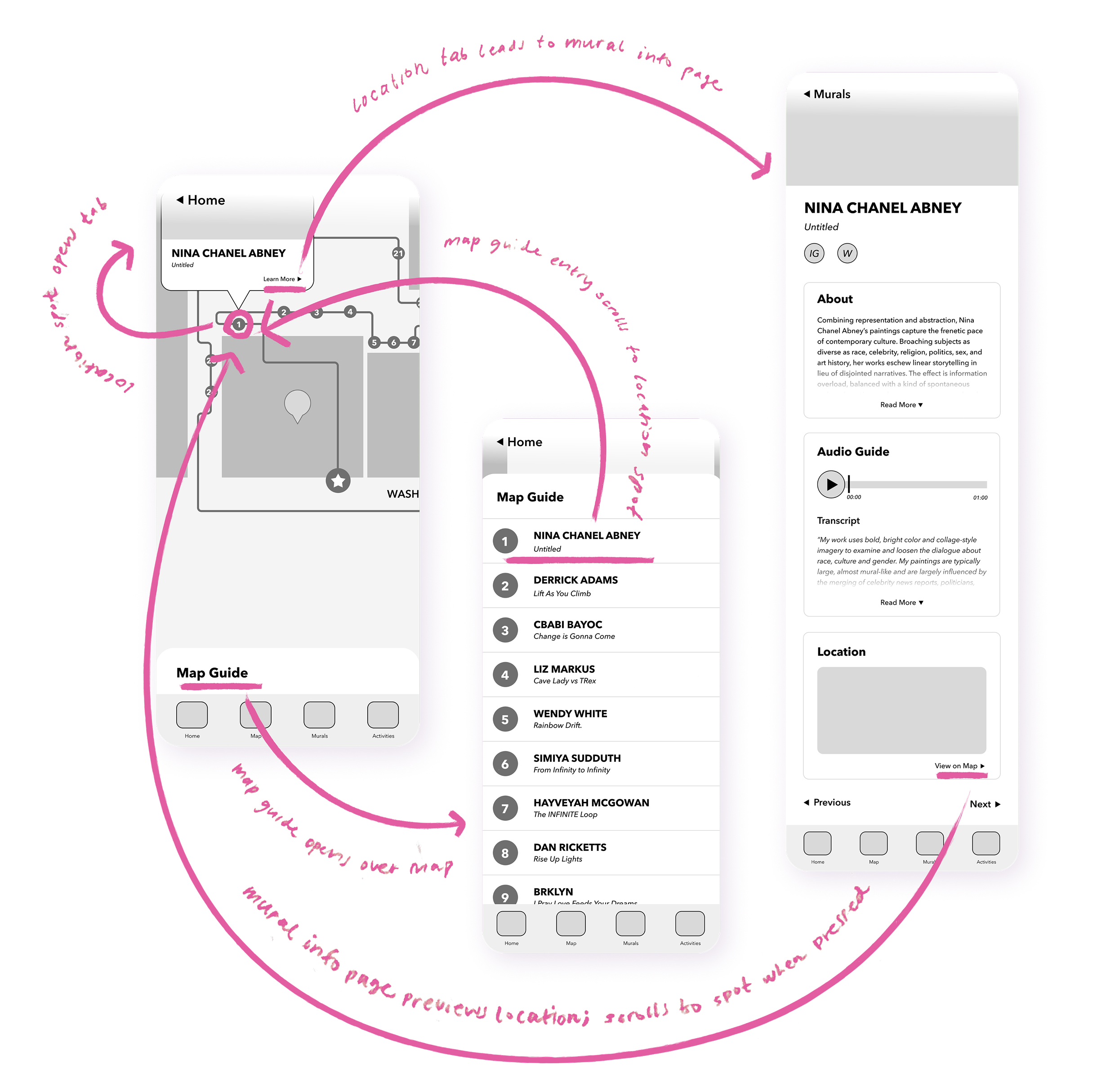 Walls app wireframes and annotations
